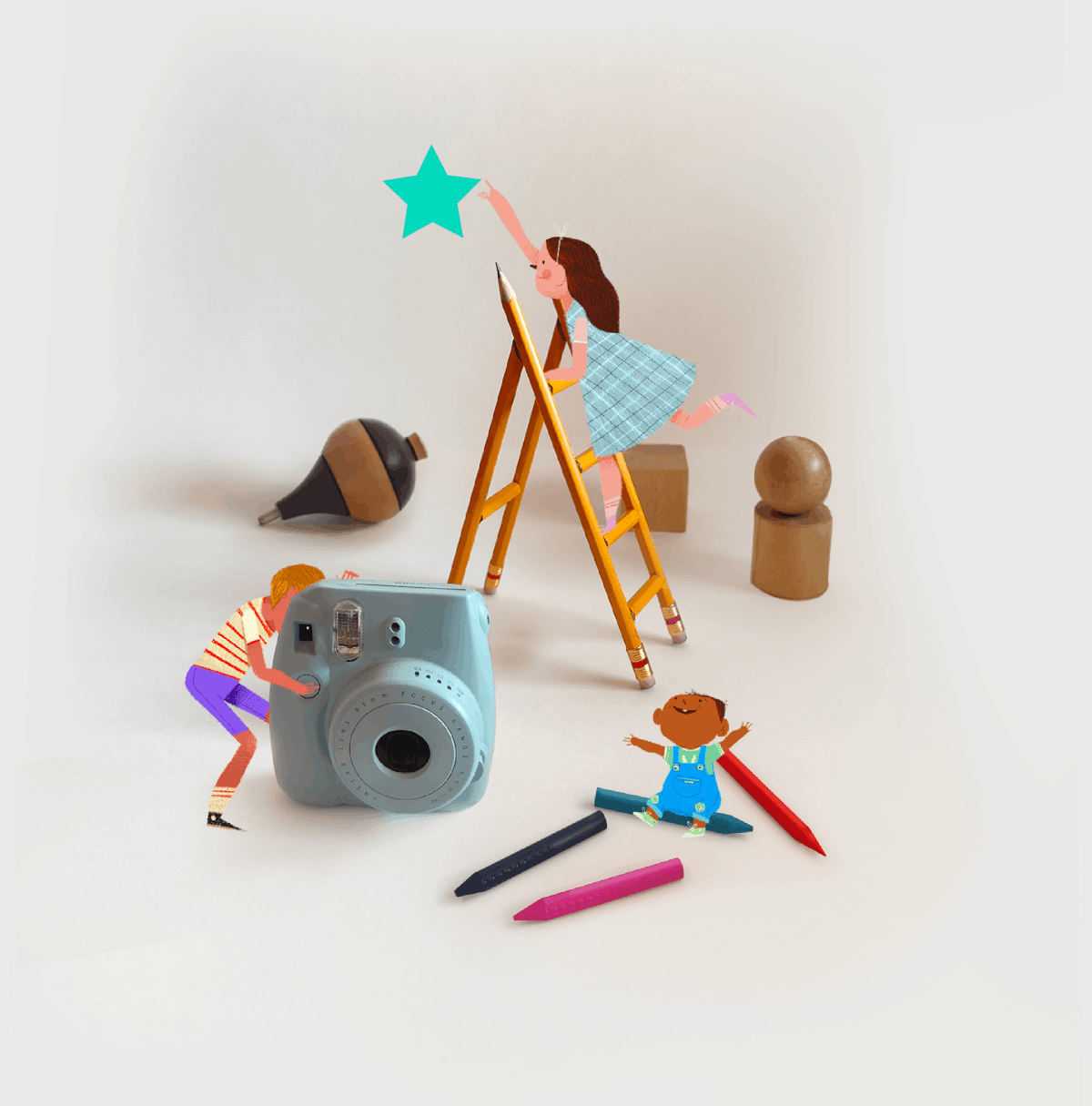 Ilustración personajes con elementos cómo lapices, crayolas, camara ,trompo y figuras en madera